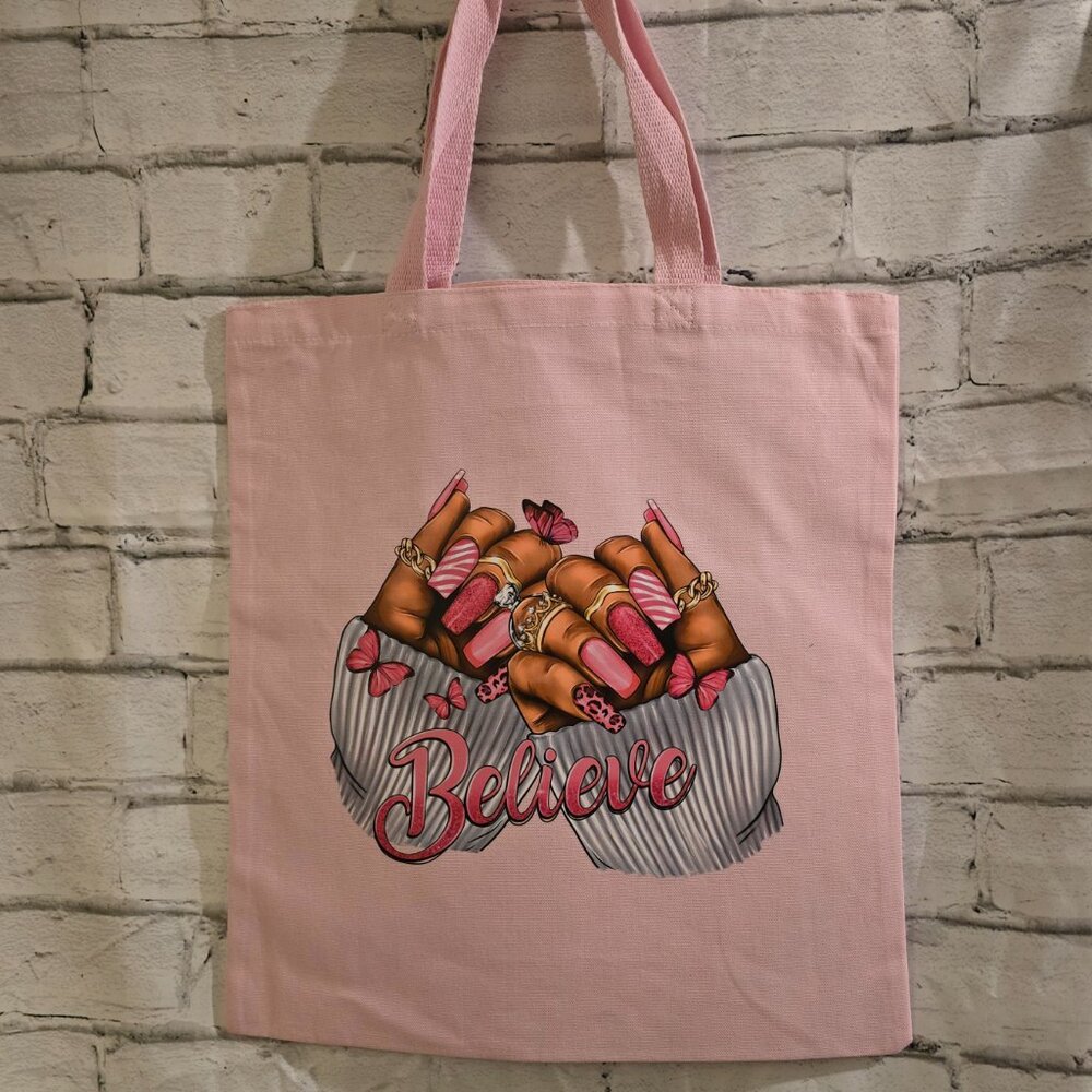 Women's Pink Ribbon Believe Nails Custom Heavy Canvas Cotton Tote Bag - Picture 4 of 4